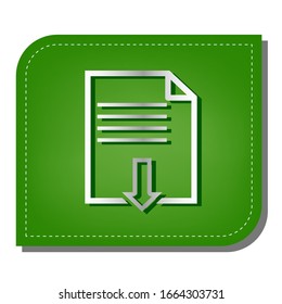 File download sign. Silver gradient line icon with dark green shadow at ecological patched green leaf. Illustration.
