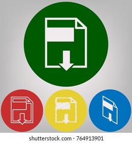 File download sign. Vector. 4 white styles of icon at 4 colored circles on light gray background.