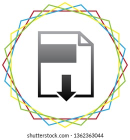 File download sign. Vector. Black icon with patch of light inside colorful hexagonal frames at white background.