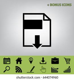 File download sign. Vector. Black icon at gray background with bonus icons at celery ones