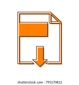 File download sign. Vector. Black line icon with shifted flat orange filled icon on white background. Isolated.
