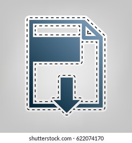 File download sign. Vector. Blue icon with outline for cutting out at gray background.