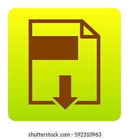 File download sign. Vector. Brown icon at green-yellow gradient square with rounded corners on white background. Isolated.