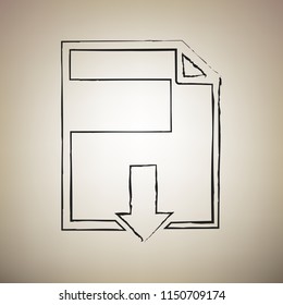 File download sign. Vector. Brush drawed black icon at light brown background.
