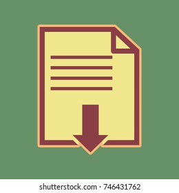 File download sign. Vector. Cordovan icon and mellow apricot halo with light khaki filled space at russian green background.