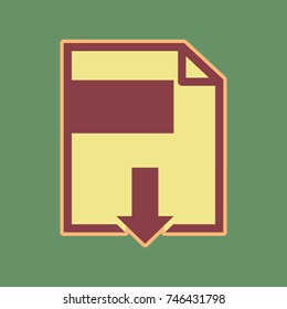 File download sign. Vector. Cordovan icon and mellow apricot halo with light khaki filled space at russian green background.