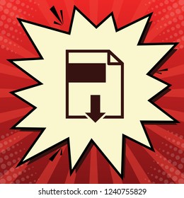 File download sign. Vector. Dark red icon in lemon chiffon shutter bubble at red popart background with rays.