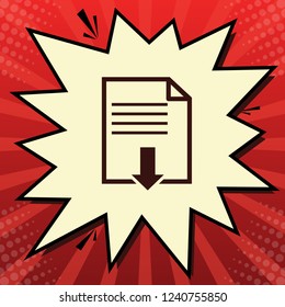 File download sign. Vector. Dark red icon in lemon chiffon shutter bubble at red popart background with rays.