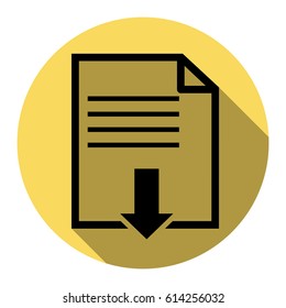 File download sign. Vector. Flat black icon with flat shadow on royal yellow circle with white background. Isolated.