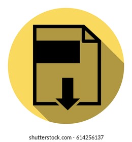 File download sign. Vector. Flat black icon with flat shadow on royal yellow circle with white background. Isolated.