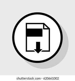 File download sign. Vector. Flat black icon in white circle with shadow at gray background.