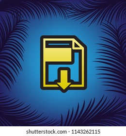 File download sign. Vector. Golden icon with black contour at blue background with branches of palm trees.