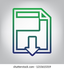 File download sign. Vector. Green to blue gradient contour icon at grayish background with light in center.