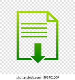 File download sign. Vector. Green gradient icon on transparent background.