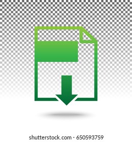 File download sign. Vector. Green gradient icon with shadow at bottom on transparent and white background.