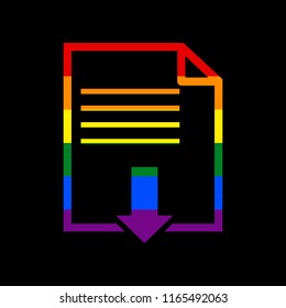 File download sign. Vector. Icon with colors of LGBT flag at black background.
