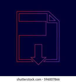 File download sign. Vector. Line icon with gradient from red to violet colors on dark blue background.