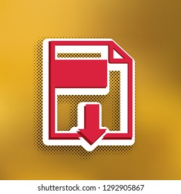 File download sign. Vector. Magenta icon with darker shadow, white sticker and black popart shadow on golden background.