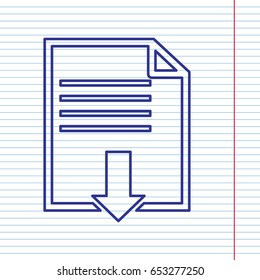 File download sign. Vector. Navy line icon on notebook paper as background with red line for field.