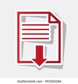 File download sign. Vector. New year reddish icon with outside stroke and gray shadow on light gray background.