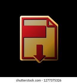 File download sign. Vector. Red icon with small black and limitless shadows at golden sticker on black background.