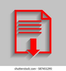 File download sign. Vector. Red icon with soft shadow on gray background.