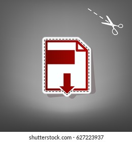 File download sign. Vector. Red icon with for applique from paper with shadow on gray background with scissors.