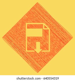 File download sign. Vector. Red scribble icon obtained as a result of subtraction rhomb and path. Royal yellow background.