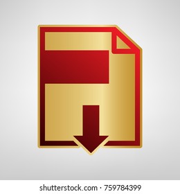 File download sign. Vector. Red icon on gold sticker at light gray background.