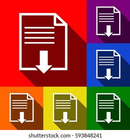 File download sign. Vector. Set of icons with flat shadows at red, orange, yellow, green, blue and violet background.