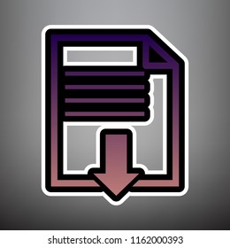 File download sign. Vector. Violet gradient icon with black and white linear edges at gray background.