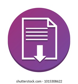 File download sign. Vector. White icon with flat shadow on purpureus circle at white background. Isolated.
