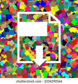 File download sign. Vector. White icon on colorful background with seamless pattern from squares.