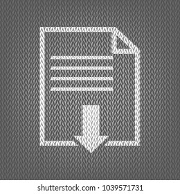 File download sign. Vector. White knitted icon on gray knitted background. Isolated.