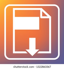 File download sign. Vector. White icon on transparent button at orange-violet gradient background.