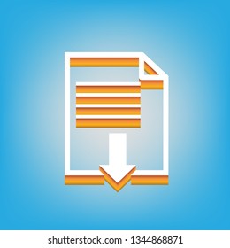 File download sign. Vector. White icon with 3d warm-colored gradient body at sky blue background.