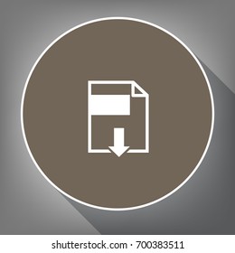 File download sign. Vector. White icon on brown circle with white contour and long shadow at gray background. Like top view on postament.