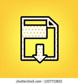 File download sign. Vector. Yellow polka dot white icon with black contour at warm yellow background.