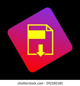 File download sign. Vector. Yellow icon at violet-red gradient square with rounded corners rotated for dynamics on black background.