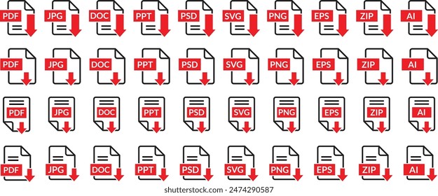 conjunto de símbolos de Descarga de archivo, texto del documento, información de formato de Web, Imágenes, Imágenes vectoriales, diferentes variaciones conjunto de iconos de Descarga Ilustración vectorial.