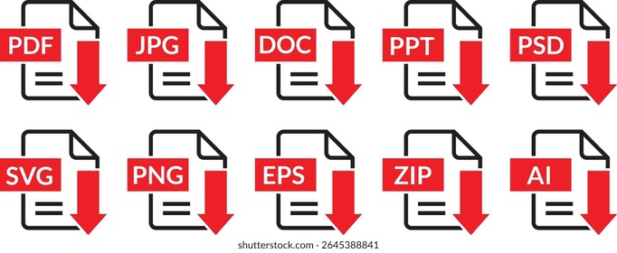 conjunto de símbolos de download de arquivo, texto do documento, informações de formato da Web, imagens, imagens vetoriais, ícone de download definir ilustração vetorial.