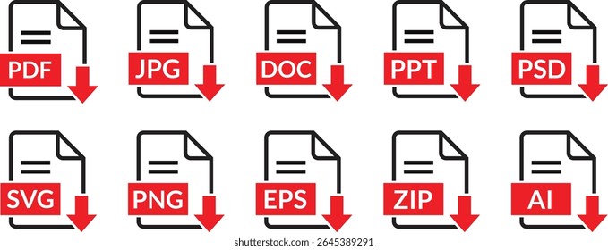 file download symbols set, document text, web format information, images, vector images, download icon vector illustration.