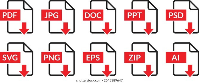 file download symbols set, document text, web format information icon vector illustration.