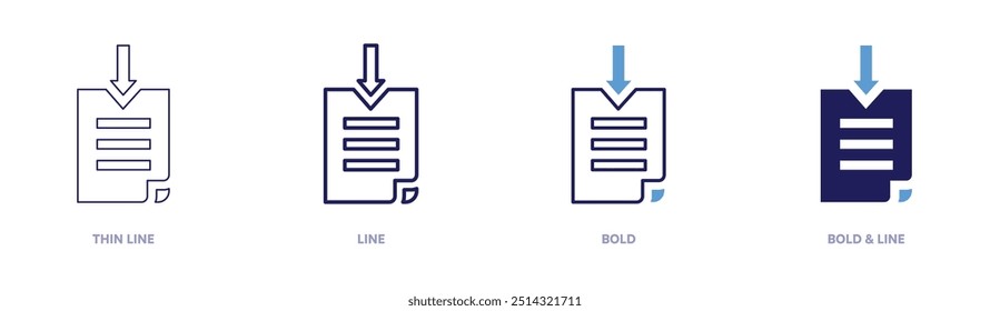 File downloading icon in 4 different styles. Thin Line, Line, Bold, and Bold Line. Duotone style. Editable stroke.