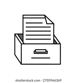 Cajón de archivos con ilustración de documentos en blanco y negro: icono de arte de línea mínimo para Organización, mantenimiento de registros y almacenamiento de oficina