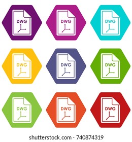File DWG icon set many color hexahedron isolated on white vector illustration