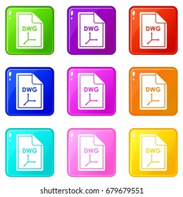 File DWG icons of 9 color set isolated vector illustration