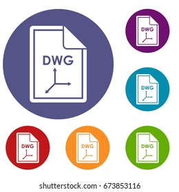 File DWG icons set in flat circle reb, blue and green color for web