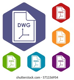 File DWG icons set rhombus in different colors isolated on white background