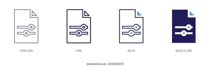 Icono de edición de archivos en 4 estilos diferentes. Línea delgada, línea, negrita y línea negrita. Estilo duotono. Trazo editable.